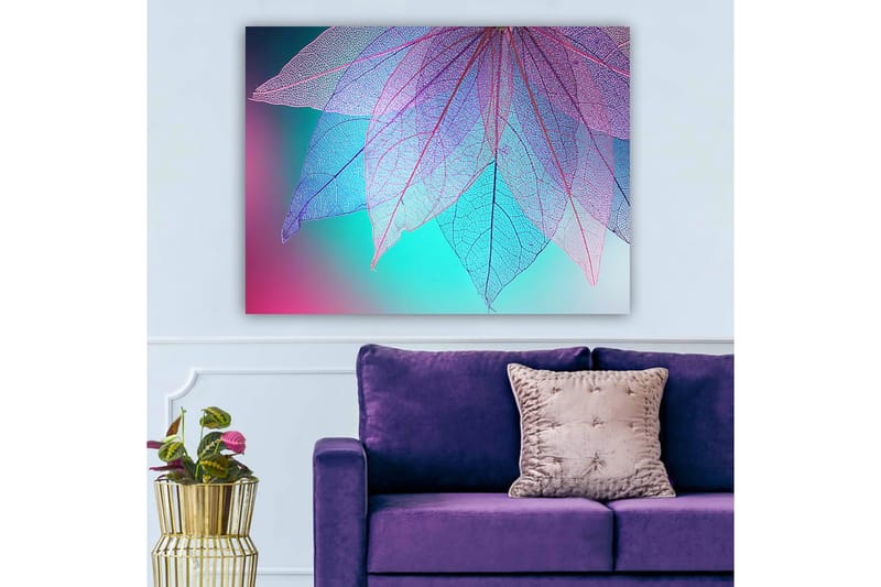 Lerretsbilde 70x100 cm - Abstrakt komposisjon av gjennomsiktige blader med en harmonisk fargepalett - Lilla / Turkis / Rosa - Interiør - Maleri & posters - Lerretsbilder