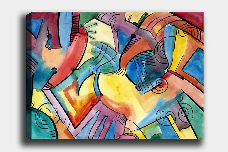 Lerretsbilde 70x100 cm - Abstrakt komposisjon av hender og former som symboliserer samhørighet og bevegelse, Rød / Blå / Gul