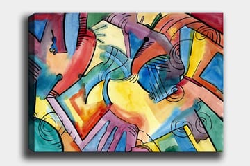 Lerretsbilde 70x100 cm - Abstrakt komposisjon av hender og former som symboliserer samhørighet og bevegelse - Rød / Blå / Gul - Interiør - Maleri & posters - Lerretsbilder