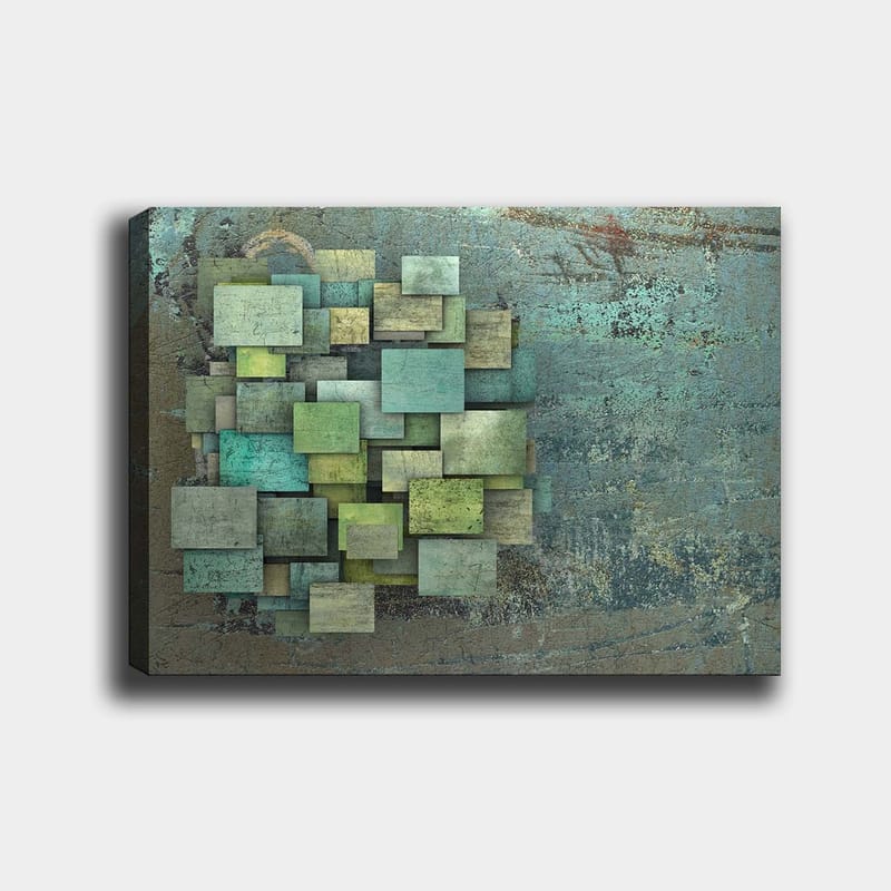 Lerretsbilde 70x100 cm - Abstrakt komposisjon av overlappende firkanter i forskjellige nyanser av grønt og blått, Grønn / Turkis / Blå