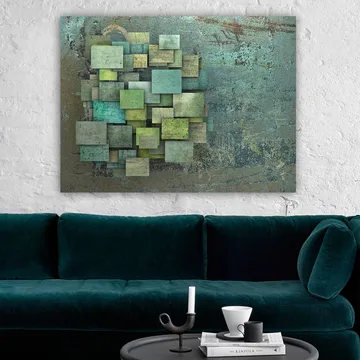 Lerretsbilde 70x100 cm - Abstrakt komposisjon av overlappende firkanter i forskjellige nyanser av grønt og blått - Grønn / Turkis / Blå - Interiør - Maleri & posters - Lerretsbilder