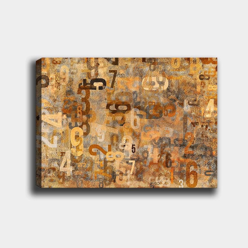 Lerretsbilde 70x100 cm - Abstrakt komposisjon av tall i forskjellige størrelser og nyanser, Oransje / Beige / Brun