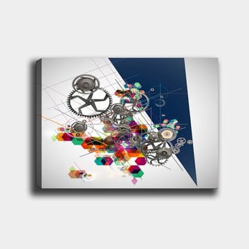 Lerretsbilde 70x100 cm - Abstrakt komposisjon av tannhjul og geometriske former i livlige farger - Grå / Rød / Grønn - Interiør - Maleri & posters - Lerretsbilder