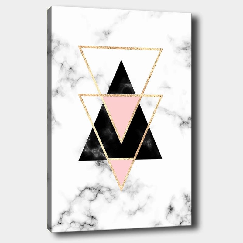 Lerretsbilde 70x100 cm - Abstrakt komposisjon av trekanter i forskjellige farger og former, Svart / Rosa / Gull