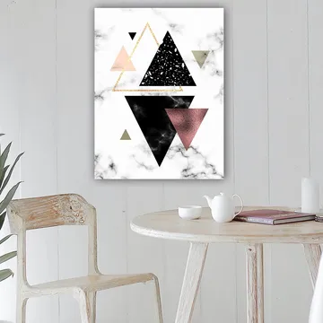 Lerretsbilde 70x100 cm - Abstrakt komposisjon av trekanter i forskjellige former og farger - Svart / Rosa / Gull - Interiør - Maleri & posters - Lerretsbilder