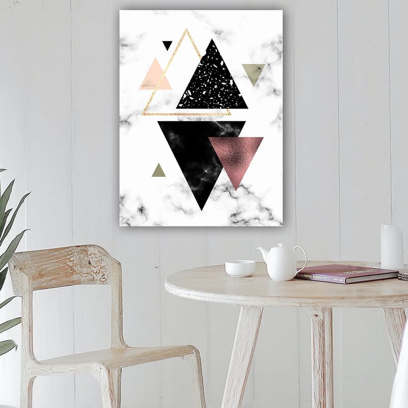 Lerretsbilde 70x100 cm - Abstrakt komposisjon av trekanter i forskjellige former og farger - Svart / Rosa / Gull - Interiør - Maleri & posters - Lerretsbilder