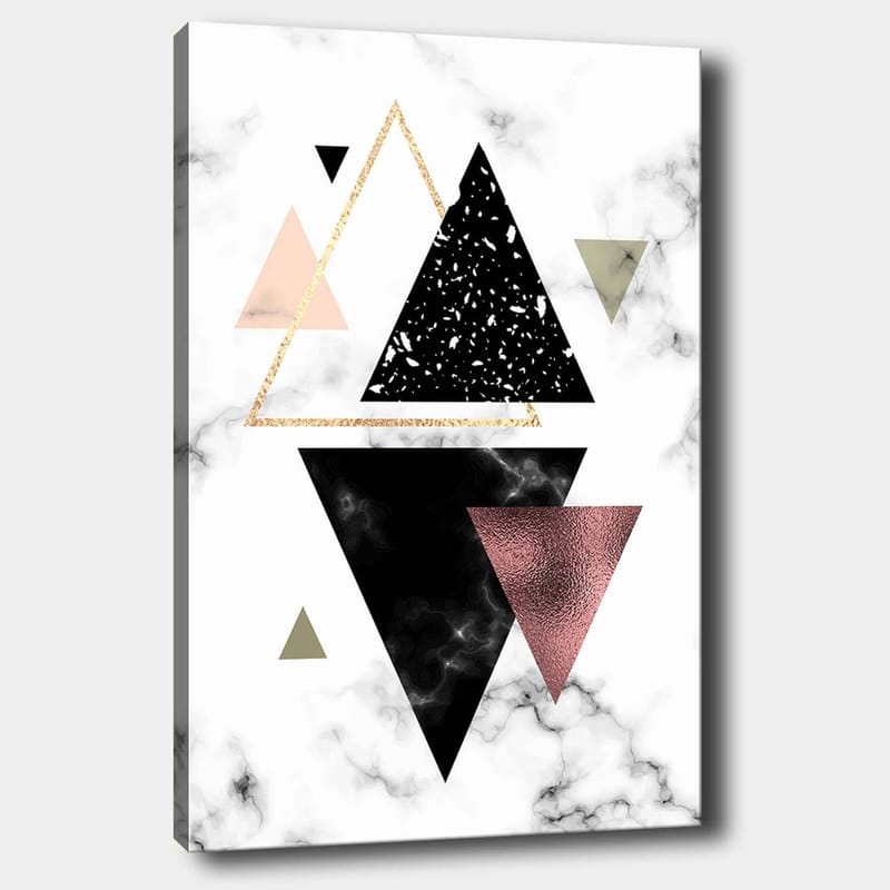 Lerretsbilde 70x100 cm - Abstrakt komposisjon av trekanter i forskjellige former og farger, Svart / Rosa / Gull
