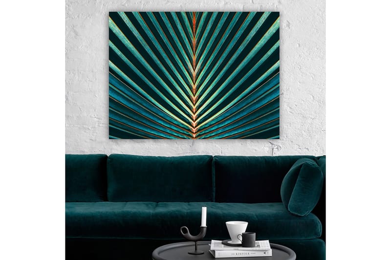 Lerretsbilde 70x100 cm - Abstrakt komposisjon av palmeblader med klare linjer og symmetri - Mørkegrønn / Turkis / Oransje - Interiør - Maleri & posters - Lerretsbilder