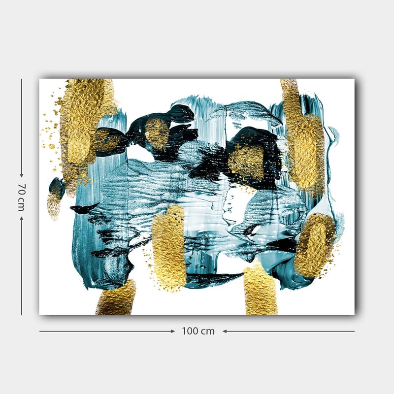 Lerretsbilde 70x100 cm - Abstrakt komposisjon med blå og gullelementer som skaper en dynamisk følelse - Mørk blå / Gull / Lys blå - Interiør - Maleri & posters - Lerretsbilder