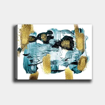Lerretsbilde 70x100 cm - Abstrakt komposisjon med blå og gullelementer som skaper en dynamisk følelse - Mørk blå / Gull / Lys blå - Interiør - Maleri & posters - Lerretsbilder