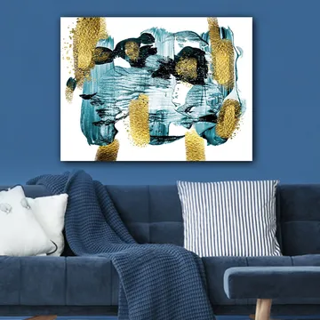 Lerretsbilde 70x100 cm - Abstrakt komposisjon med blå og gullelementer som skaper en dynamisk følelse - Mørk blå / Gull / Lys blå - Interiør - Maleri & posters - Lerretsbilder