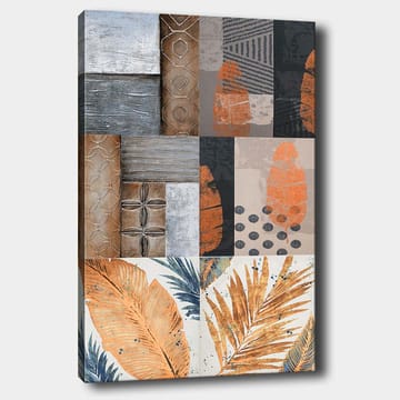 Lerretsbilde 70x100 cm - Abstrakt komposisjon med bladmotiver og geometriske mønstre i jordfarger - Oransje / Grå / Beige - Interiør - Maleri & posters - Lerretsbilder