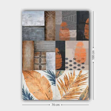 Lerretsbilde 70x100 cm - Abstrakt komposisjon med bladmotiver og geometriske mønstre i jordfarger - Oransje / Grå / Beige - Interiør - Maleri & posters - Lerretsbilder