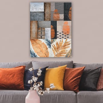 Lerretsbilde 70x100 cm - Abstrakt komposisjon med bladmotiver og geometriske mønstre i jordfarger - Oransje / Grå / Beige - Interiør - Maleri & posters - Lerretsbilder