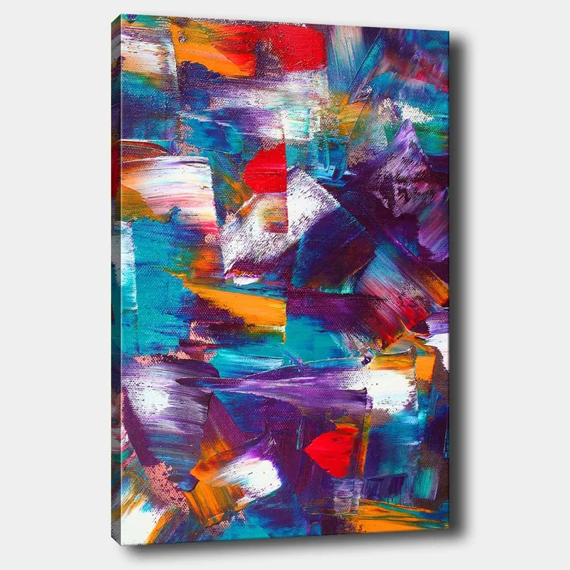 Lerretsbilde 70x100 cm - Abstrakt komposisjon med dynamiske fargefelt og teksturer, Turkis / Lilla / Rød