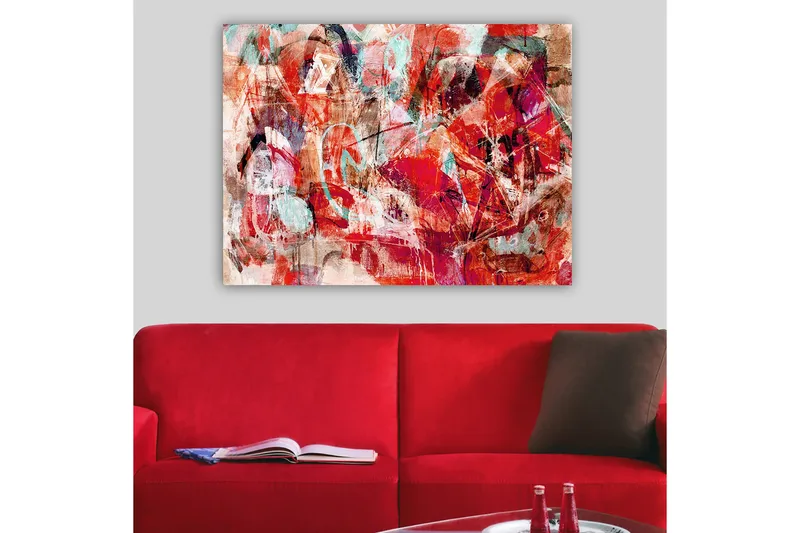 Lerretsbilde 70x100 cm - Abstrakt komposisjon med dynamiske former i sterke farger, Rød / Turkis / Beige