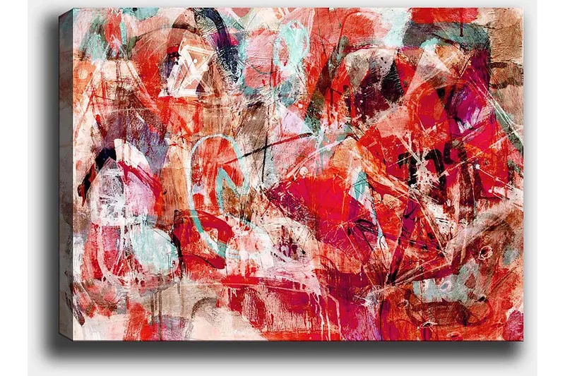 Lerretsbilde 70x100 cm - Abstrakt komposisjon med dynamiske former i sterke farger - Rød / Turkis / Beige - Interiør - Maleri & posters - Lerretsbilder