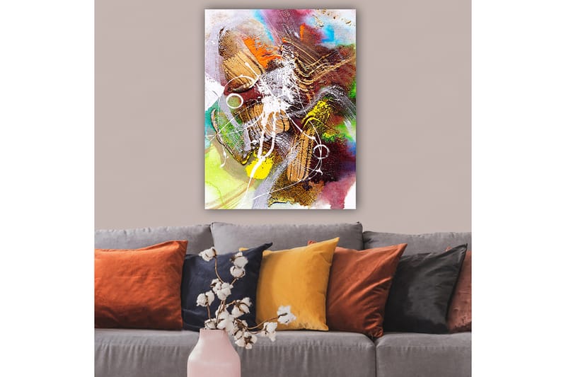 Lerretsbilde 70x100 cm - Abstrakt komposisjon med dynamiske former og farger som skaper en følelse av bevegelse - Gull / Grønn / Rød - Interiør - Maleri & posters - Lerretsbilder