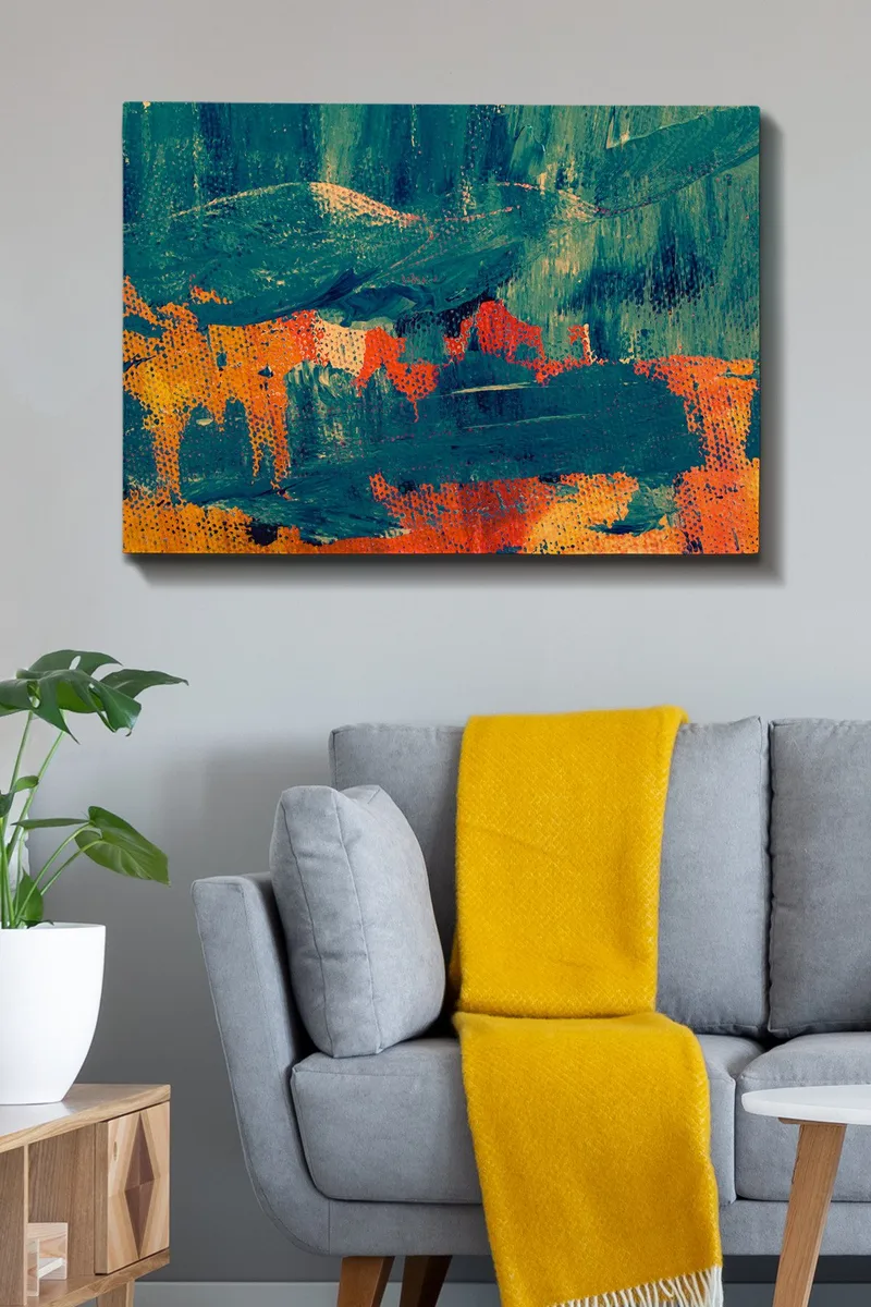 Lerretsbilde 70x100 cm - Abstrakt komposisjon med dype grønne og varme oransje toner - Mørk grønn / Oransje - Interiør - Maleri & posters - Lerretsbilder