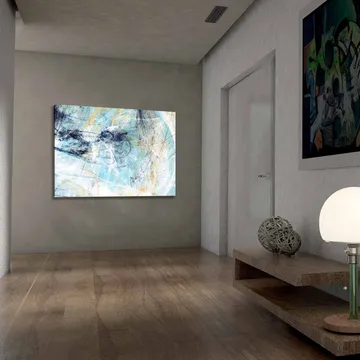 Lerretsbilde 70x100 cm - Abstrakt komposisjon med elementer av blått og lyse toner som skaper en følelse av bevegelse - Blå / Hvit / Lys gul - Interiør - Maleri & posters - Lerretsbilder