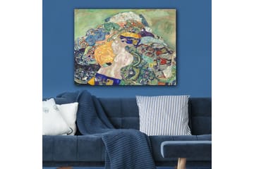 Lerretsbilde 70x100 cm - Abstrakt komposisjon med en liggende figur omgitt av fargerike mønstre og former - Blå / Oransje / Grønn - Interiør - Maleri & posters - Lerretsbilder