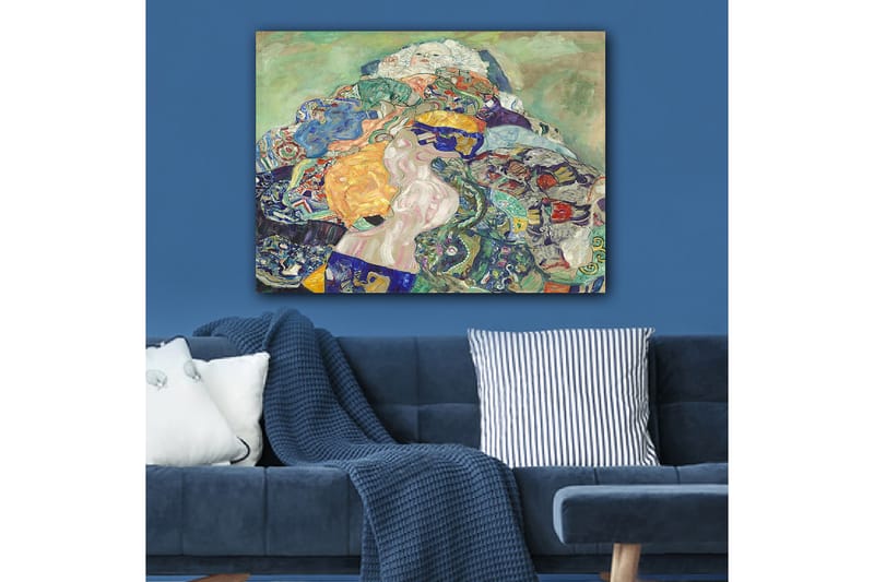 Lerretsbilde 70x100 cm - Abstrakt komposisjon med en liggende figur omgitt av fargerike mønstre og former - Blå / Oransje / Grønn - Interiør - Maleri & posters - Lerretsbilder