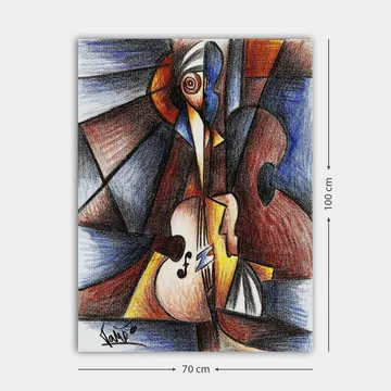 Lerretsbilde 70x100 cm - Abstrakt komposisjon med en musiker som spiller et instrument - Mørk blå / Brun / Beige - Interiør - Maleri & posters - Lerretsbilder