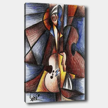 Lerretsbilde 70x100 cm - Abstrakt komposisjon med en musiker som spiller et instrument - Mørk blå / Brun / Beige - Interiør - Maleri & posters - Lerretsbilder