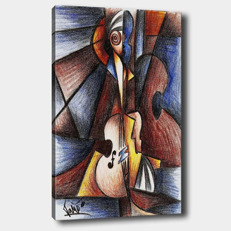 Lerretsbilde 70x100 cm - Abstrakt komposisjon med en musiker som spiller et instrument, Mørk blå / Brun / Beige