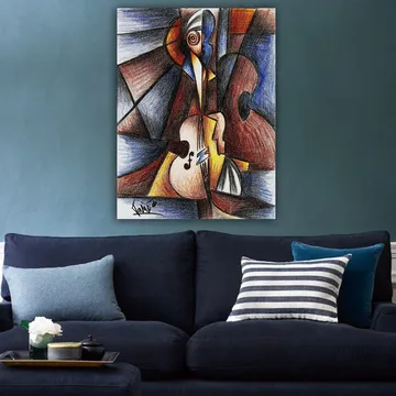 Lerretsbilde 70x100 cm - Abstrakt komposisjon med en musiker som spiller et instrument - Mørk blå / Brun / Beige - Interiør - Maleri & posters - Lerretsbilder