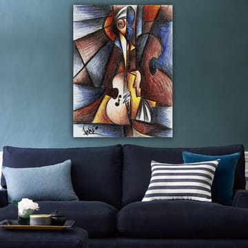 Lerretsbilde 70x100 cm - Abstrakt komposisjon med en musiker som spiller et instrument - Mørk blå / Brun / Beige - Interiør - Maleri & posters - Lerretsbilder
