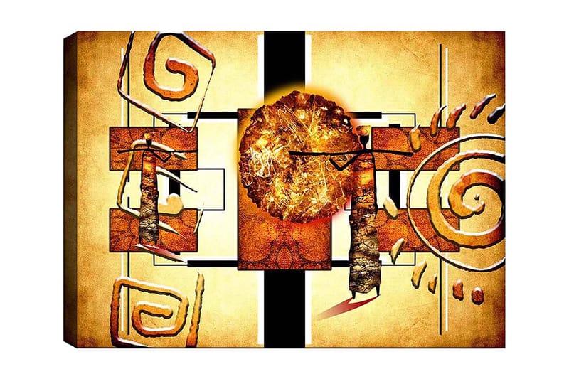 Lerretsbilde 70x100 cm - Abstrakt komposisjon med en stor sol og geometriske former, Gull / Brun / Svart
