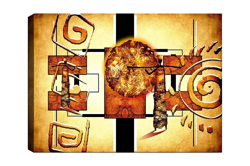 Lerretsbilde 70x100 cm - Abstrakt komposisjon med en stor sol og geometriske former, Gull / Brun / Svart
