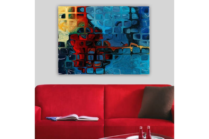 Lerretsbilde 70x100 cm - Abstrakt komposisjon med fargerike firkanter i blått og rødt - Blå / Rød / Oransje - Interiør - Maleri & posters - Lerretsbilder