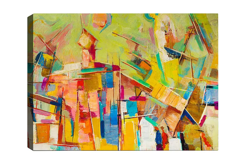 Lerretsbilde 70x100 cm - Abstrakt komposisjon med fargerike former og linjer som skaper en dynamisk følelse, Gul / Rosa / Blå