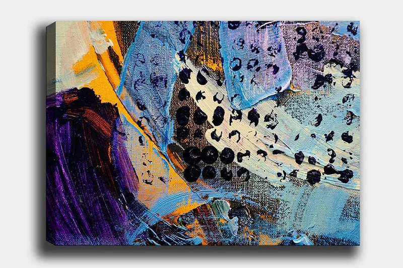 Lerretsbilde 70x100 cm - Abstrakt komposisjon med fargerike former og teksturer, Blå / Svart / Oransje