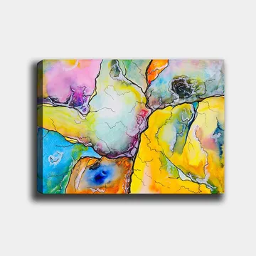 Lerretsbilde 70x100 cm - Abstrakt komposisjon med fargerike former som samhandler i harmoniske mønstre - Gul / Blå / Rosa - Interiør - Maleri & posters - Lerretsbilder