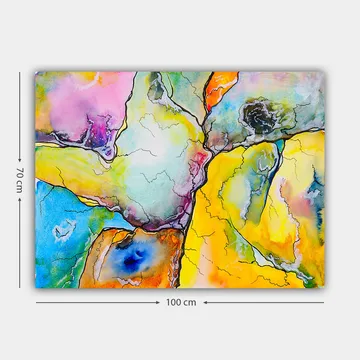 Lerretsbilde 70x100 cm - Abstrakt komposisjon med fargerike former som samhandler i harmoniske mønstre - Gul / Blå / Rosa - Interiør - Maleri & posters - Lerretsbilder