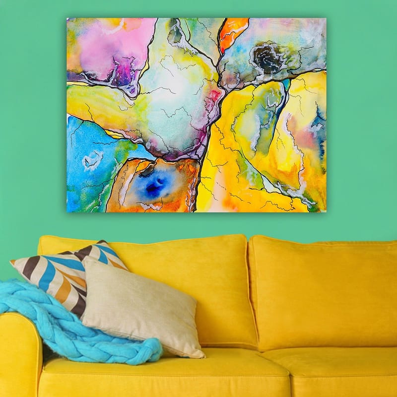 Lerretsbilde 70x100 cm - Abstrakt komposisjon med fargerike former som samhandler i harmoniske mønstre - Gul / Blå / Rosa - Interiør - Maleri & posters - Lerretsbilder