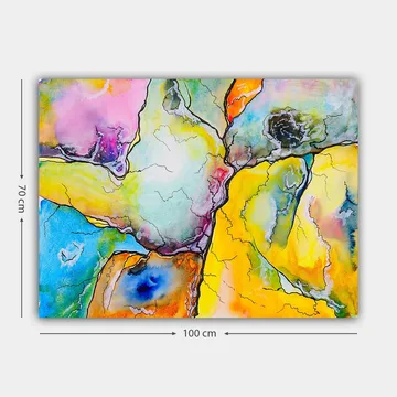 Lerretsbilde 70x100 cm - Abstrakt komposisjon med fargerike former som samhandler i harmoniske mønstre - Gul / Blå / Rosa - Interiør - Maleri & posters - Lerretsbilder