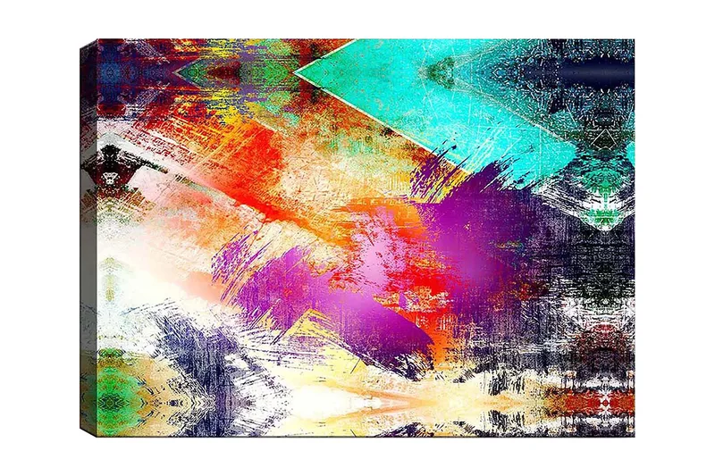 Lerretsbilde 70x100 cm - Abstrakt komposisjon med fargerike geometriske former og dynamiske penselstrøk, Turkis / Lilla / Rød