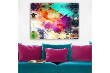 Lerretsbilde 70x100 cm - Abstrakt komposisjon med fargerike geometriske former og dynamiske penselstrøk - Turkis / Lilla / Rød - Interiør - Maleri & posters - Lerretsbilder