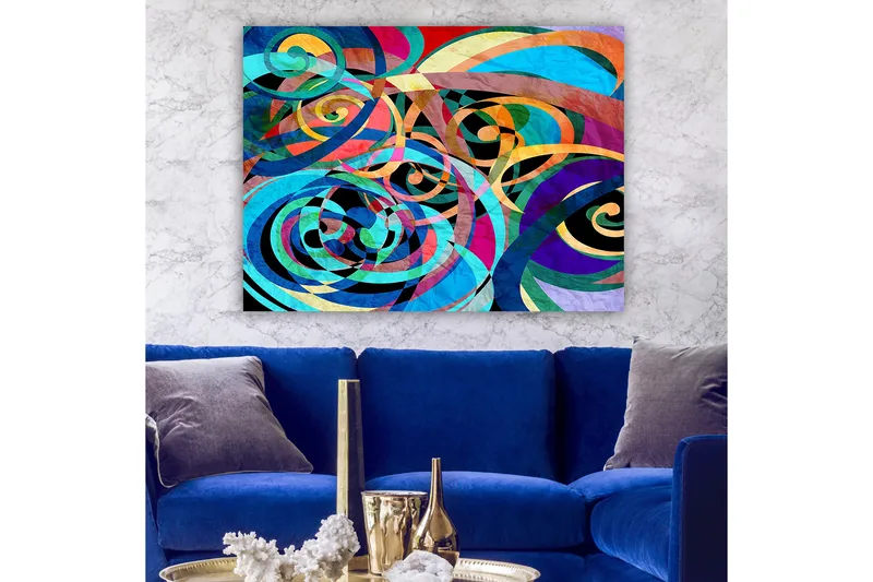 Lerretsbilde 70x100 cm - Abstrakt komposisjon med fargerike spiraler og kurver som skaper en dynamisk bevegelse, Turkis / Lilla / Rød