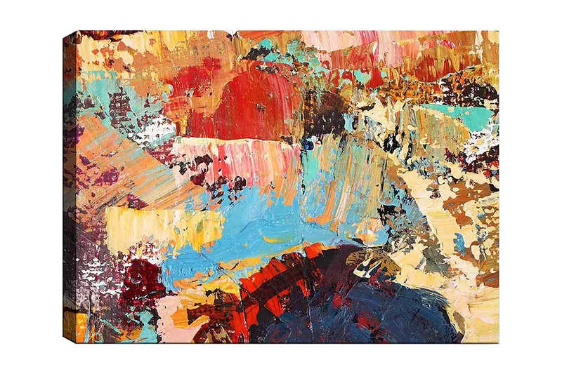 Lerretsbilde 70x100 cm - Abstrakt komposisjon med fargerike penselstrøk som skaper en dynamisk og levende følelse, Rød / Blå / Beige