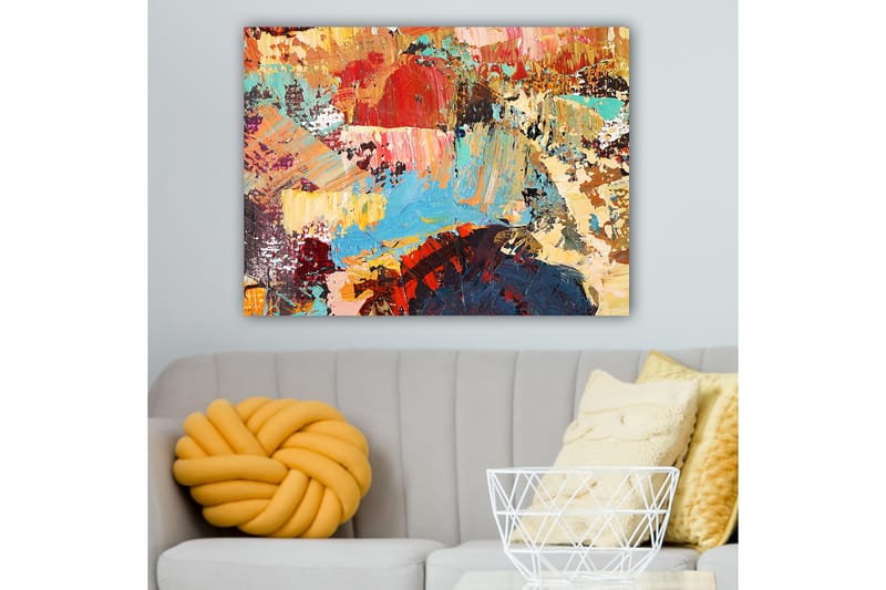 Lerretsbilde 70x100 cm - Abstrakt komposisjon med fargerike penselstrøk som skaper en dynamisk og levende følelse - Rød / Blå / Beige - Interiør - Maleri & posters - Lerretsbilder