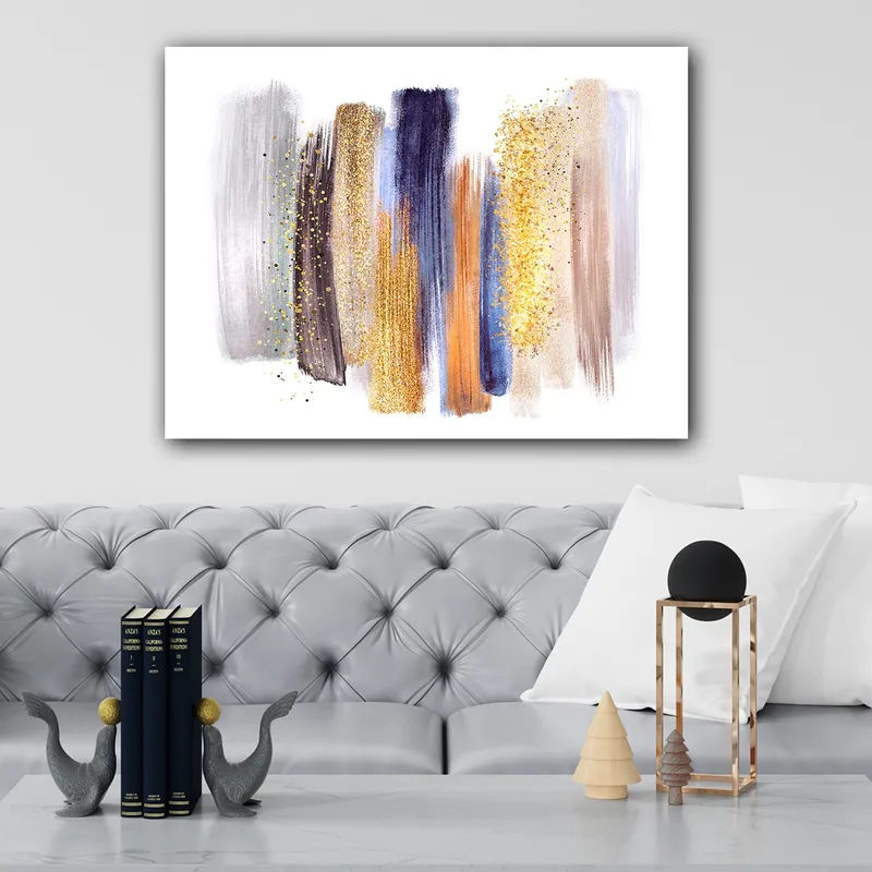 Lerretsbilde 70x100 cm - Abstrakt komposisjon med fargerike penselstrøk i forskjellige nyanser - Gull / Mørk blå / Grå - Interiør - Maleri & posters - Lerretsbilder