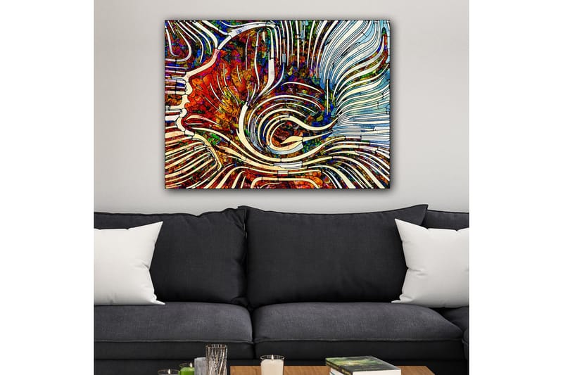 Lerretsbilde 70x100 cm - Abstrakt komposisjon med flytende linjer og fargede former som skaper en dynamisk følelse - Rød / Blå / Hvit - Interiør - Maleri & posters - Lerretsbilder