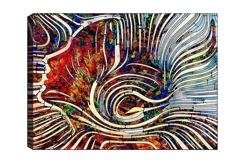 Lerretsbilde 70x100 cm - Abstrakt komposisjon med flytende linjer og fargede former som skaper en dynamisk følelse, Rød / Blå / Hvit