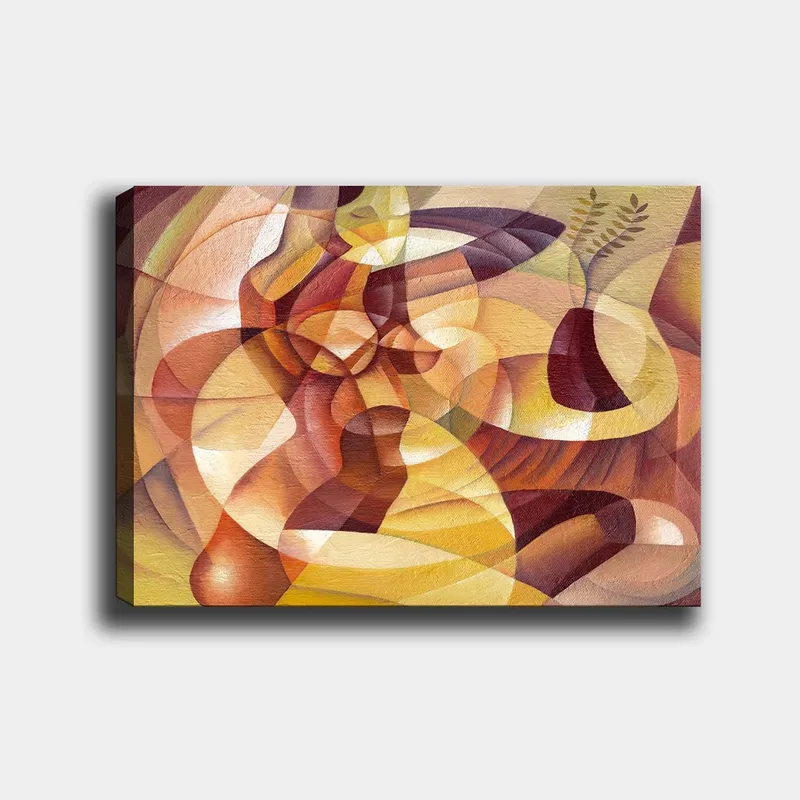 Lerretsbilde 70x100 cm - Abstrakt komposisjon med former og en vase, Gull / Brun / Beige