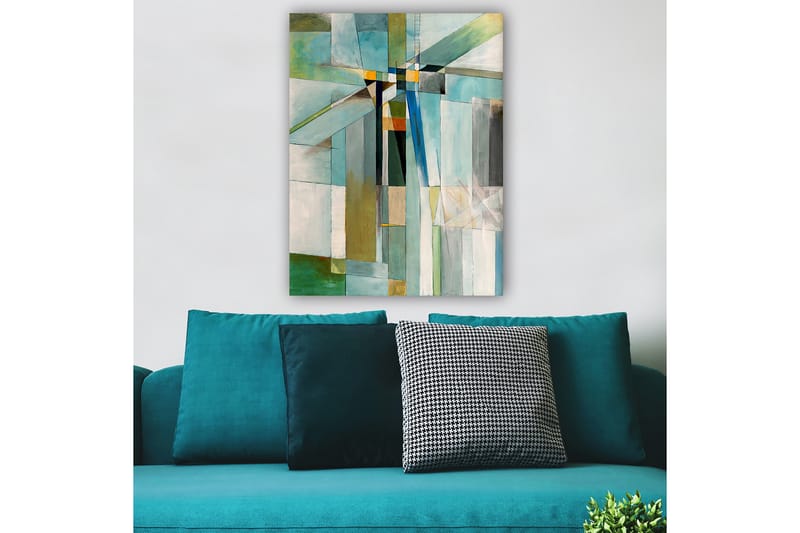 Lerretsbilde 70x100 cm - Abstrakt komposisjon med geometriske former i forskjellige nyanser av blått og grønt, Blå / Grønn / Beige